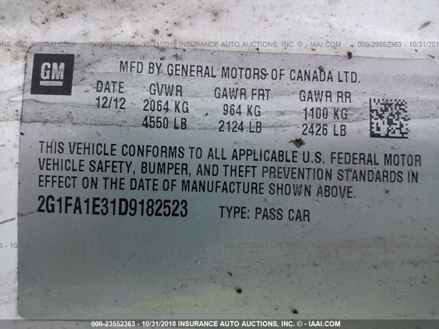 2G1FA1E31D9182523 - 2013 CHEVROLET CAMARO LS WHITE photo 9