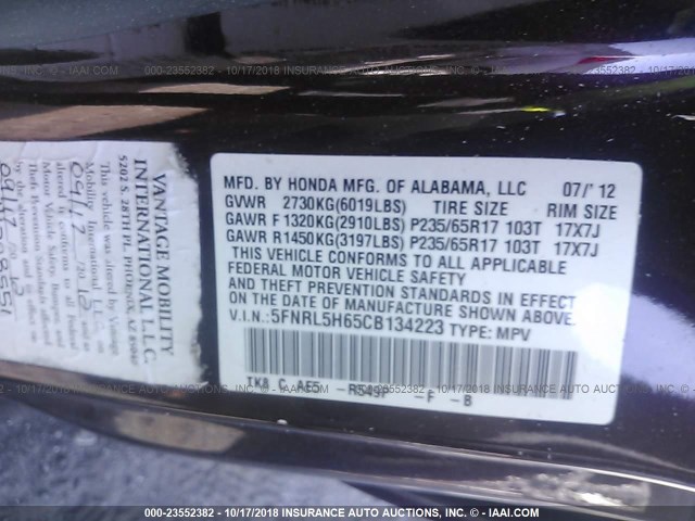 5FNRL5H65CB134223 - 2012 HONDA ODYSSEY EXL BURGUNDY photo 9