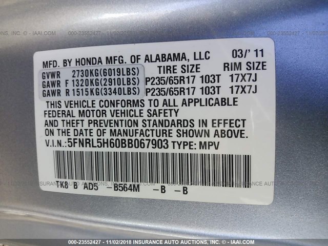 5FNRL5H60BB067903 - 2011 HONDA ODYSSEY EXL Light Blue photo 9