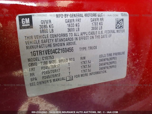 1GTR1VE04CZ160456 - 2012 GMC SIERRA C1500 SLE RED photo 9