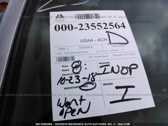 5TETX22N46Z281838 - 2006 TOYOTA TACOMA ACCESS CAB ვერცხლისფერი ფოტო 10