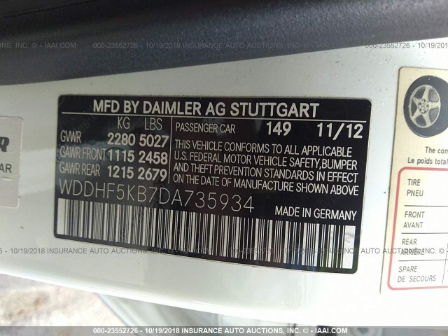 WDDHF5KB7DA735934 - 2013 MERCEDES-BENZ E 350 WHITE photo 9