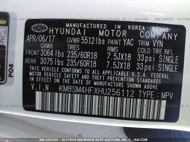 KM8SM4HFXHU256112 - 2017 HYUNDAI SANTA FE SE WHITE photo 9