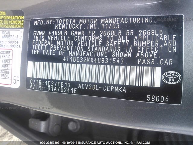 4T1BE32KX4U831543 - 2004 TOYOTA CAMRY LE/XLE/SE GRAY photo 9