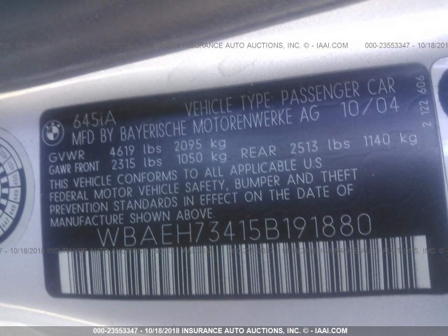 WBAEH73415B191880 - 2005 BMW 645 CI AUTOMATIC 银色 照片 9