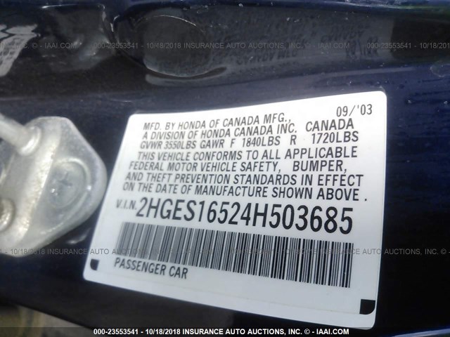 2HGES16524H503685 - 2004 HONDA CIVIC BLUE photo 9