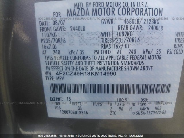 4F2CZ49H18KM14990 - 2008 MAZDA TRIBUTE HYBRID SILVER photo 9