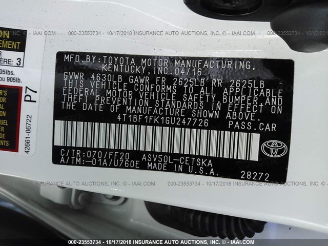 4T1BF1FK1GU247726 - 2016 TOYOTA CAMRY LE/XLE/SE/XSE WHITE photo 9