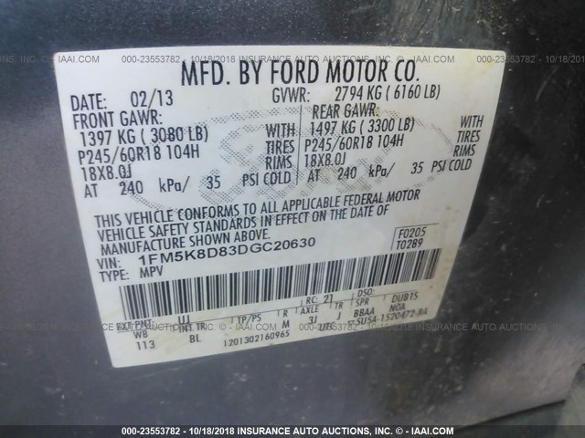 1FM5K8D83DGC20630 - 2013 FORD EXPLORER XLT GRAY photo 9