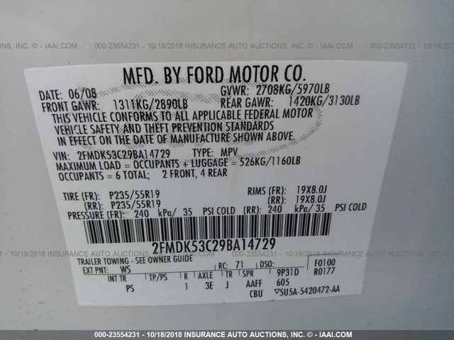 2FMDK53C29BA14729 - 2009 FORD FLEX LIMITED WHITE photo 9