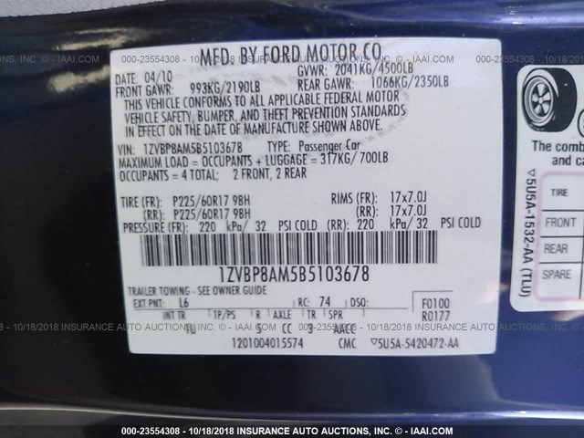 1ZVBP8AM5B5103678 - 2011 FORD MUSTANG BLUE photo 9