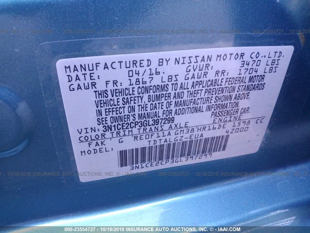 3N1CE2CP3GL397299 - 2016 NISSAN VERSA NOTE S/S PLUS/SV/SL/SR BLUE photo 9
