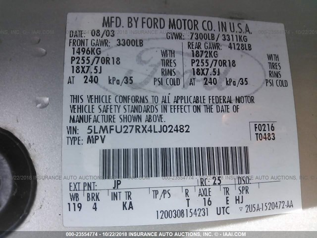 5LMFU27RX4LJ02482 - 2004 LINCOLN NAVIGATOR 银色 照片 9