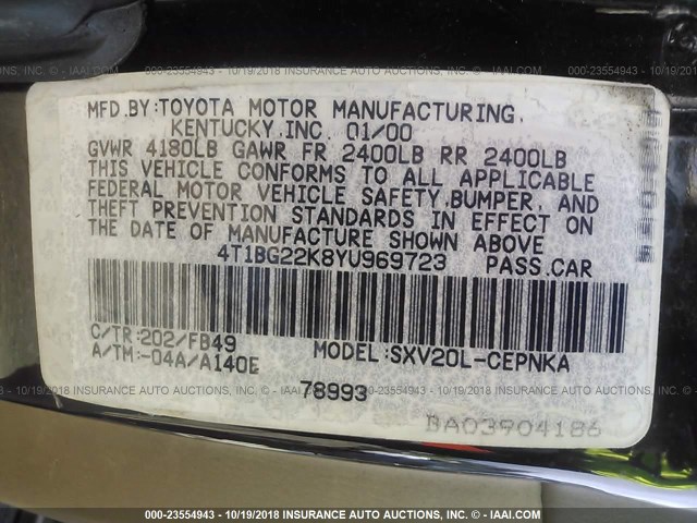 4T1BG22K8YU969723 - 2000 TOYOTA CAMRY CE/LE/XLE BLACK photo 9