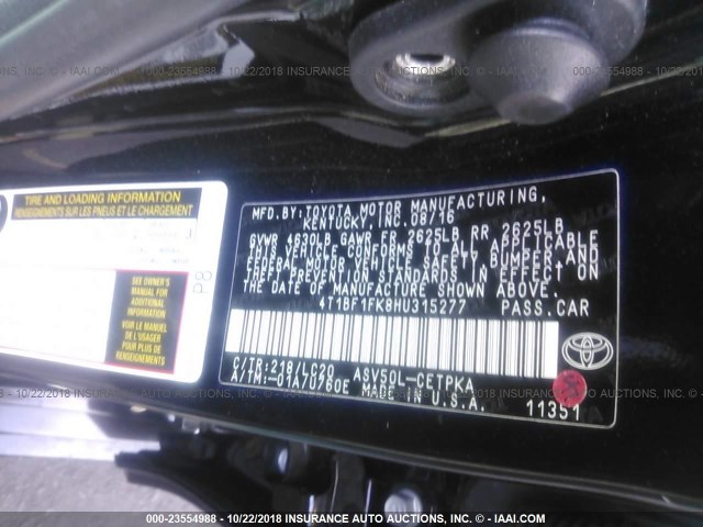 4T1BF1FK8HU315277 - 2017 TOYOTA CAMRY LE/XLE/SE/XSE BLACK photo 9