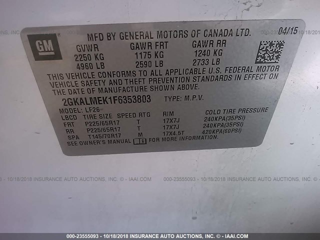 2GKALMEK1F6353803 - 2015 GMC TERRAIN SLE WHITE photo 9