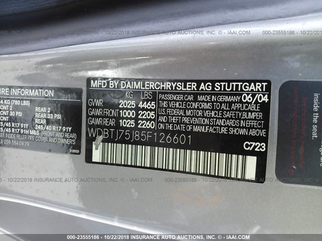 WDBTJ75J85F126601 - 2005 MERCEDES-BENZ CLK 500 GRAY photo 9