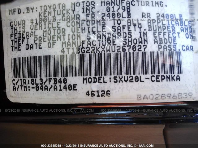 4T1BG22KXWU267027 - 1998 TOYOTA CAMRY CE/LE/XLE 蓝色 照片 9