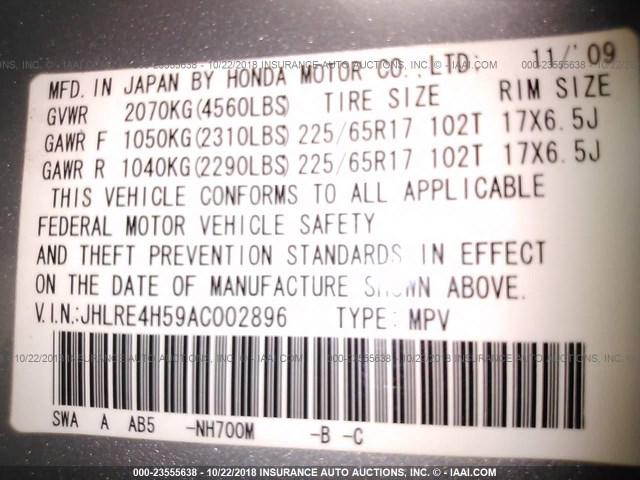 JHLRE4H59AC002896 - 2010 HONDA CR-V EX SILVER photo 9