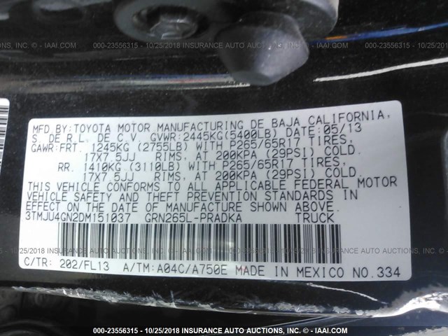 3TMJU4GN2DM151037 - 2013 TOYOTA TACOMA DOUBLE CAB PRERUNNER BLACK photo 9