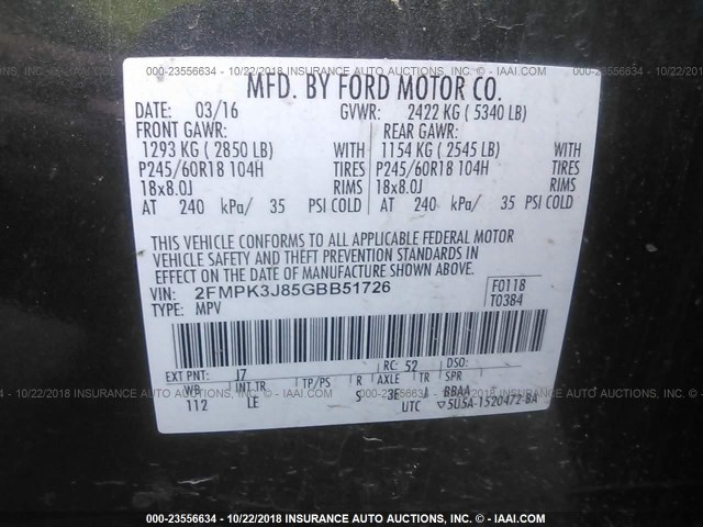 2FMPK3J85GBB51726 - 2016 FORD EDGE SEL GRAY photo 9