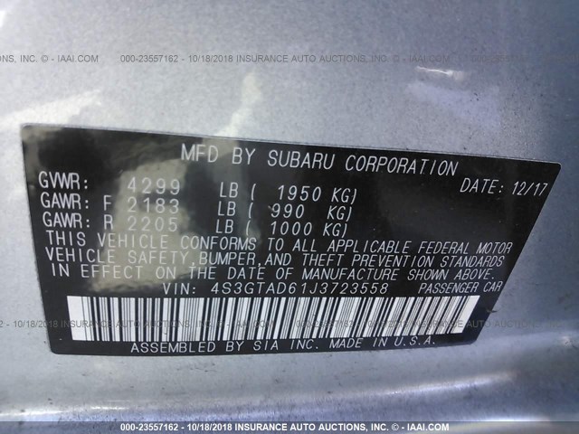 4S3GTAD61J3723558 - 2018 SUBARU IMPREZA PREMIUM PLUS SILVER photo 9