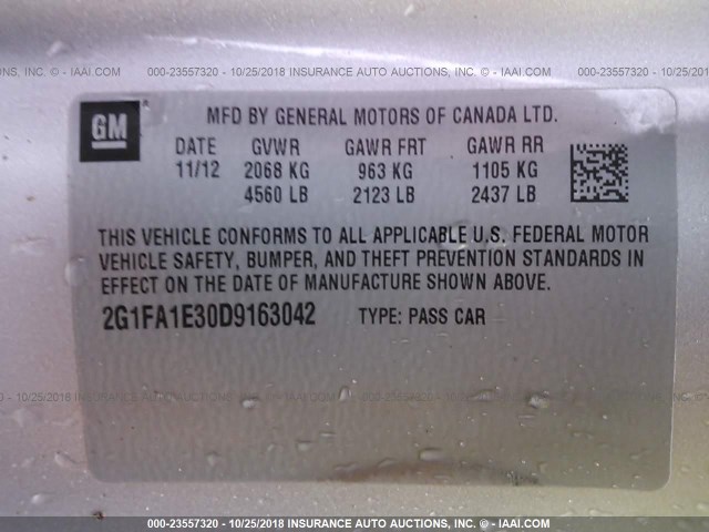 2G1FA1E30D9163042 - 2013 CHEVROLET CAMARO LS SILVER photo 9