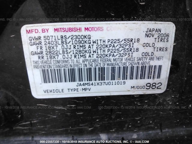 JA4MS41X37U011019 - 2007 MITSUBISHI OUTLANDER XLS BLACK photo 9