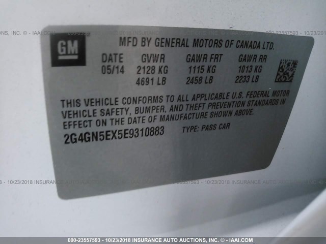 2G4GN5EX5E9310883 - 2014 BUICK REGAL PREMIUM WHITE photo 9