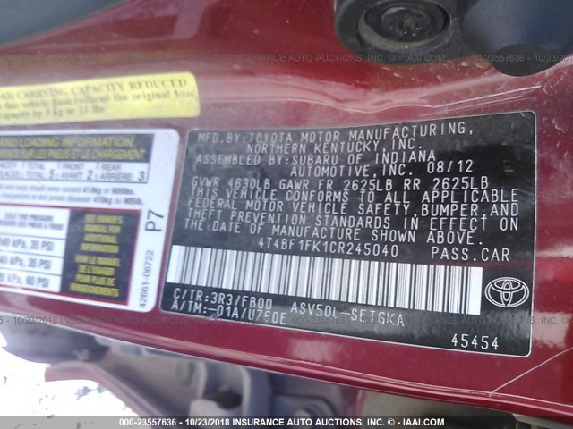 4T4BF1FK1CR245040 - 2012 TOYOTA CAMRY SE/LE/XLE 红色 照片 9