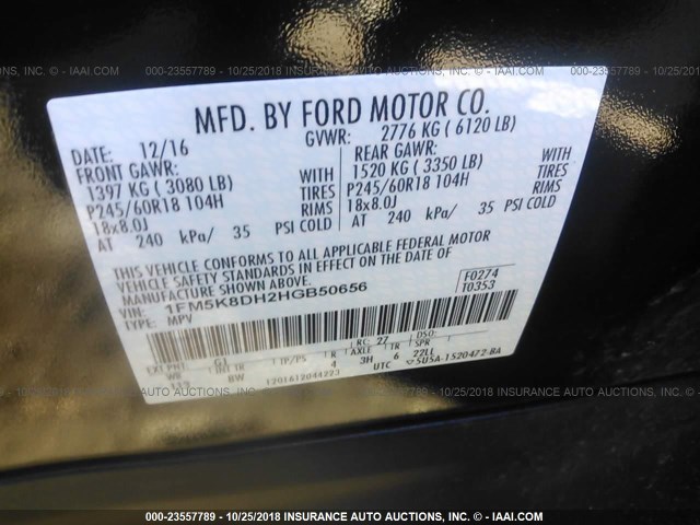 1FM5K8DH2HGB50656 - 2017 FORD EXPLORER XLT BLACK photo 9