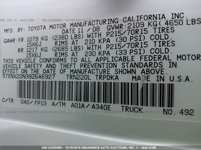 5TENX22N39Z646927 - 2009 TOYOTA TACOMA WHITE photo 9