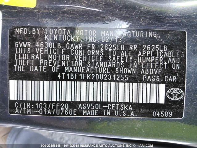 4T1BF1FK2DU231255 - 2013 TOYOTA CAMRY L/SE/LE/XLE 灰色 照片 9