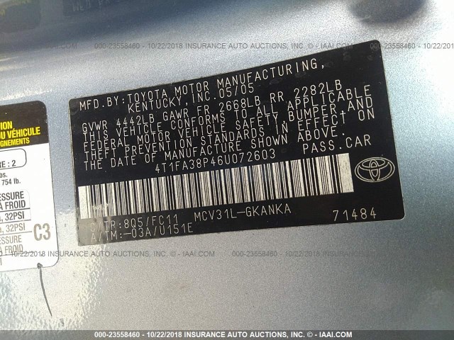 4T1FA38P46U072603 - 2006 TOYOTA CAMRY SOLARA SE/SLE Açıq mavi foto 9