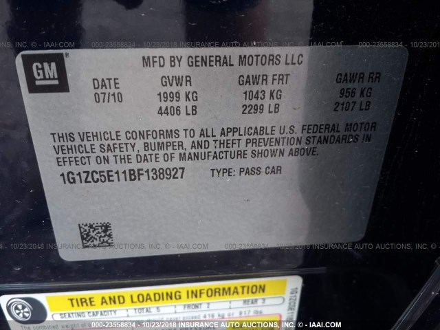 1G1ZC5E11BF138927 - 2011 CHEVROLET MALIBU 1LT BLUE photo 9