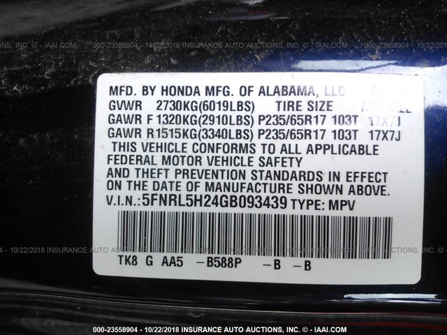 5FNRL5H24GB093439 - 2016 HONDA ODYSSEY LX BLUE photo 9