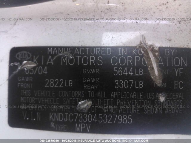 KNDJC733045327985 - 2004 KIA SORENTO EX/LX WHITE photo 9