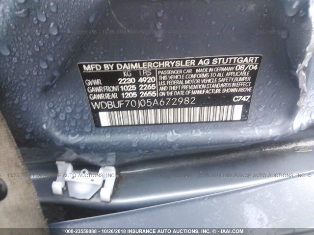 WDBUF70J05A672982 - 2005 MERCEDES-BENZ E 500 BLUE photo 9