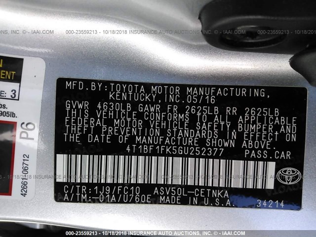 4T1BF1FK5GU252377 - 2016 TOYOTA CAMRY LE/XLE/SE/XSE SILVER photo 9