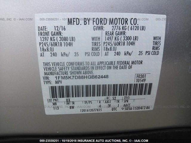 1FM5K7D88HGB62448 - 2017 FORD EXPLORER XLT SILVER photo 9