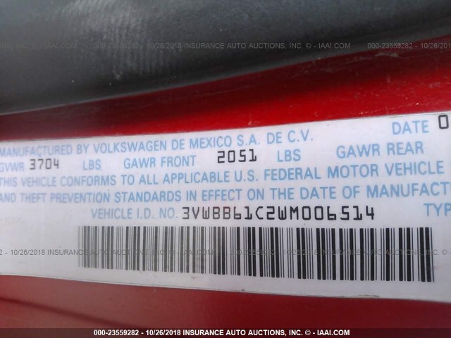 3VWBB61C2WM006514 - 1998 VOLKSWAGEN NEW BEETLE RED photo 9