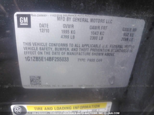 1G1ZB5E14BF255033 - 2011 CHEVROLET MALIBU LS BLACK photo 9