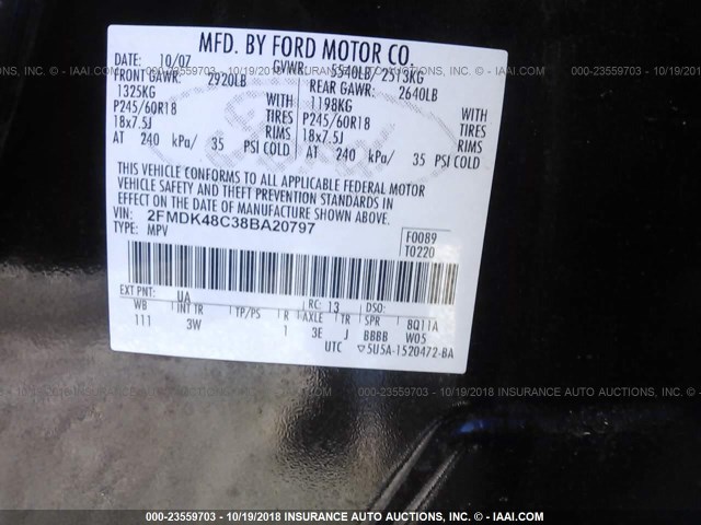 2FMDK48C38BA20797 - 2008 FORD EDGE SEL BLACK photo 9