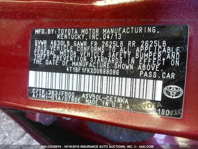 4T1BF1FKXDU688086 - 2013 TOYOTA CAMRY L/SE/LE/XLE RED photo 9