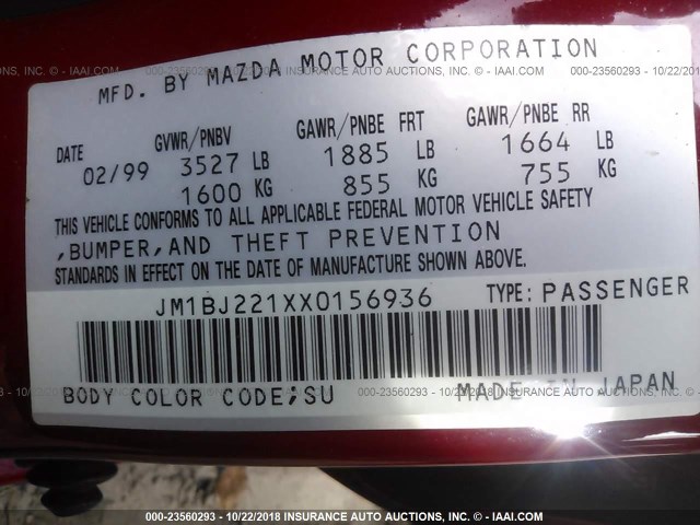 JM1BJ221XX0156936 - 1999 MAZDA PROTEGE ES 红色 照片 9