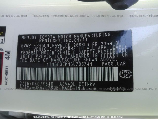 4T1BF3EK1BU705741 - 2011 TOYOTA CAMRY SE/LE/XLE WHITE photo 9