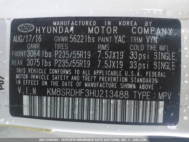 KM8SRDHF3HU213488 - 2017 HYUNDAI SANTA FE SE/LIMITED WHITE photo 9