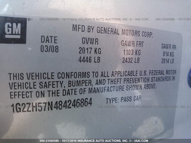 1G2ZH57N484246864 - 2008 PONTIAC G6 GT SILVER photo 9