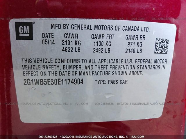 2G1WB5E30E1174904 - 2014 CHEVROLET IMPALA LIMITED LT RED photo 9