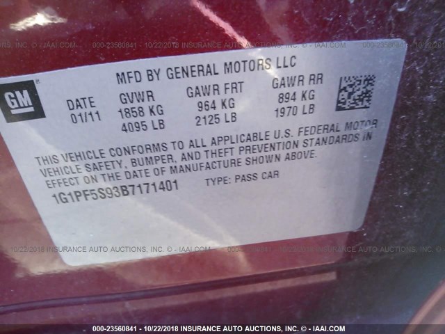 1G1PF5S93B7171401 - 2011 CHEVROLET CRUZE RED photo 9